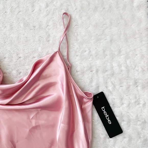 NWT- BEBE Silky Cowl Neck Pink Slip Dress - Picture 4 of 11